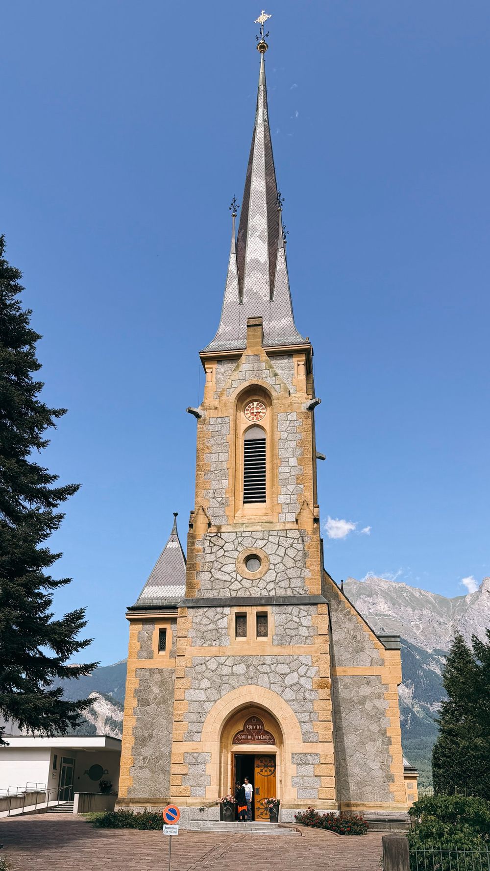The stone church of Bad Ragaz with a tall spire