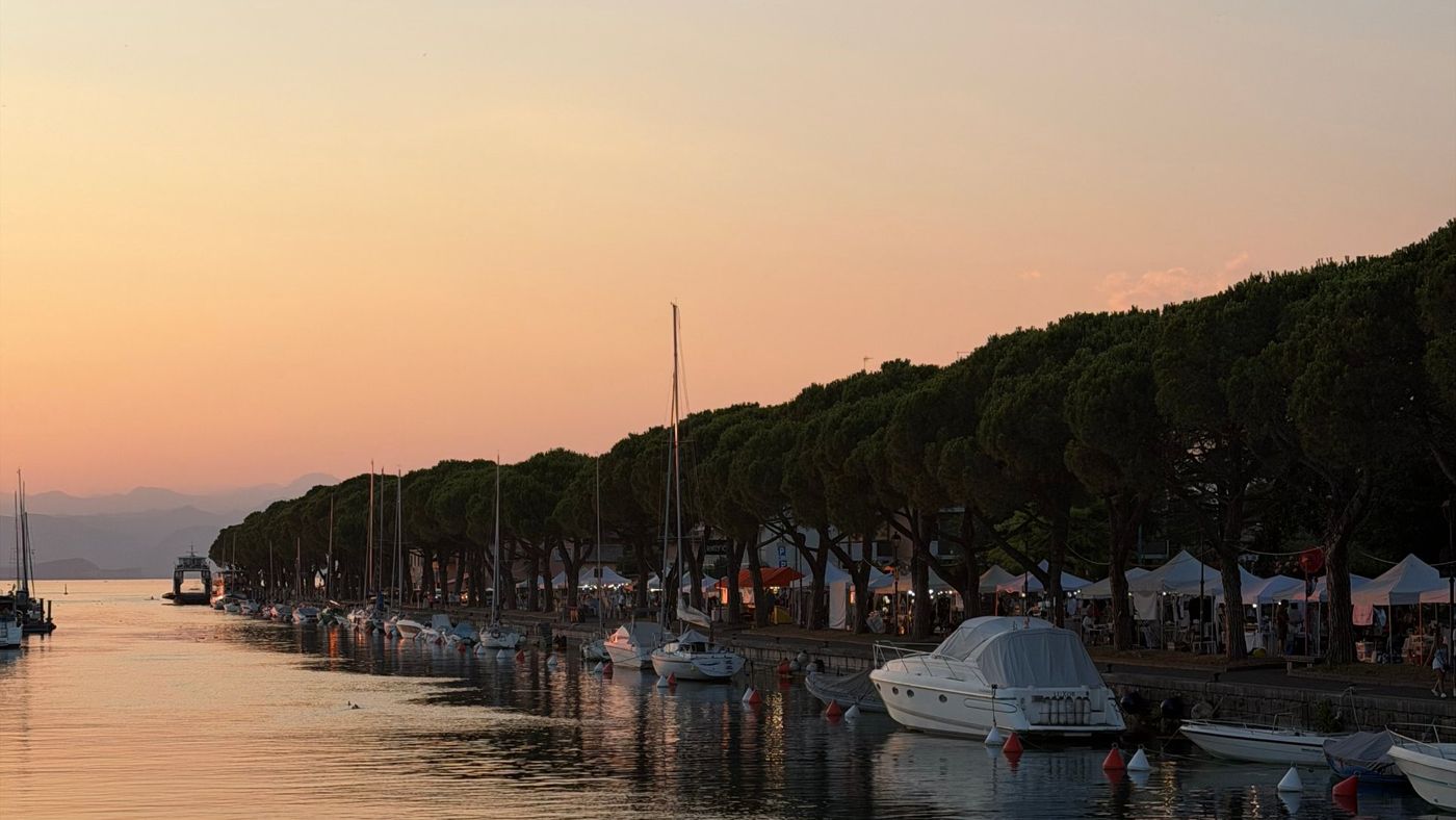 Boats moored under pine trees in Peschiera at sunset
