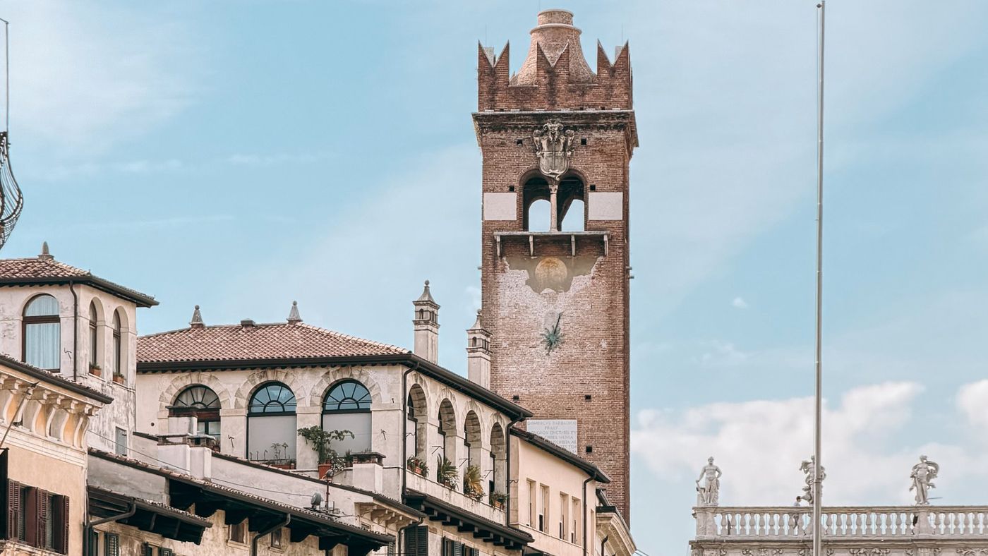 The Torre del Gardello and old houses on Piazza delle Erbe, Verona