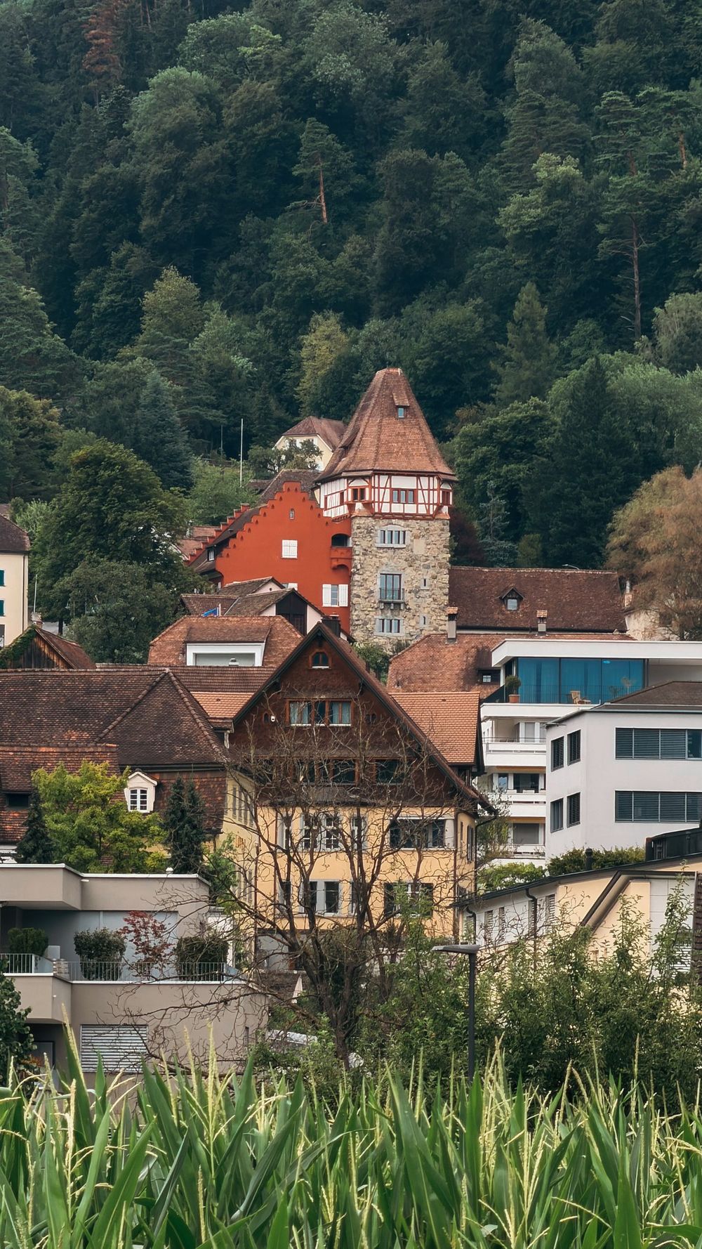 The Red House, a red stepped-gable house with a stone tower in Vaduz